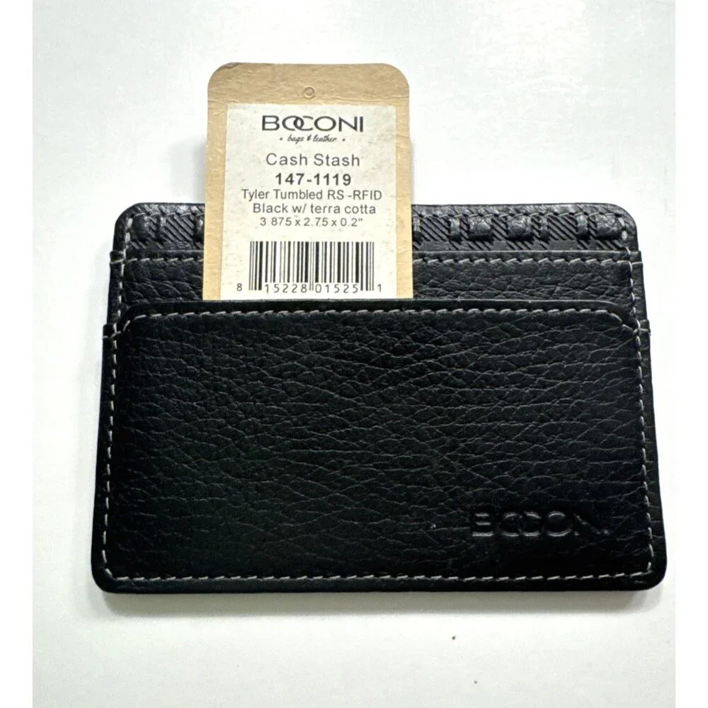 BOCONI RFID Black Pebble Leather Card Wallet NWT